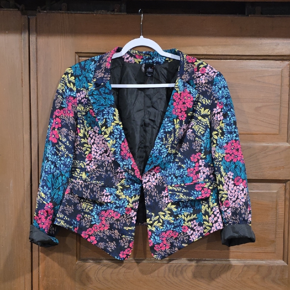 Floral Cropped Blazer Jacket - Multicolor